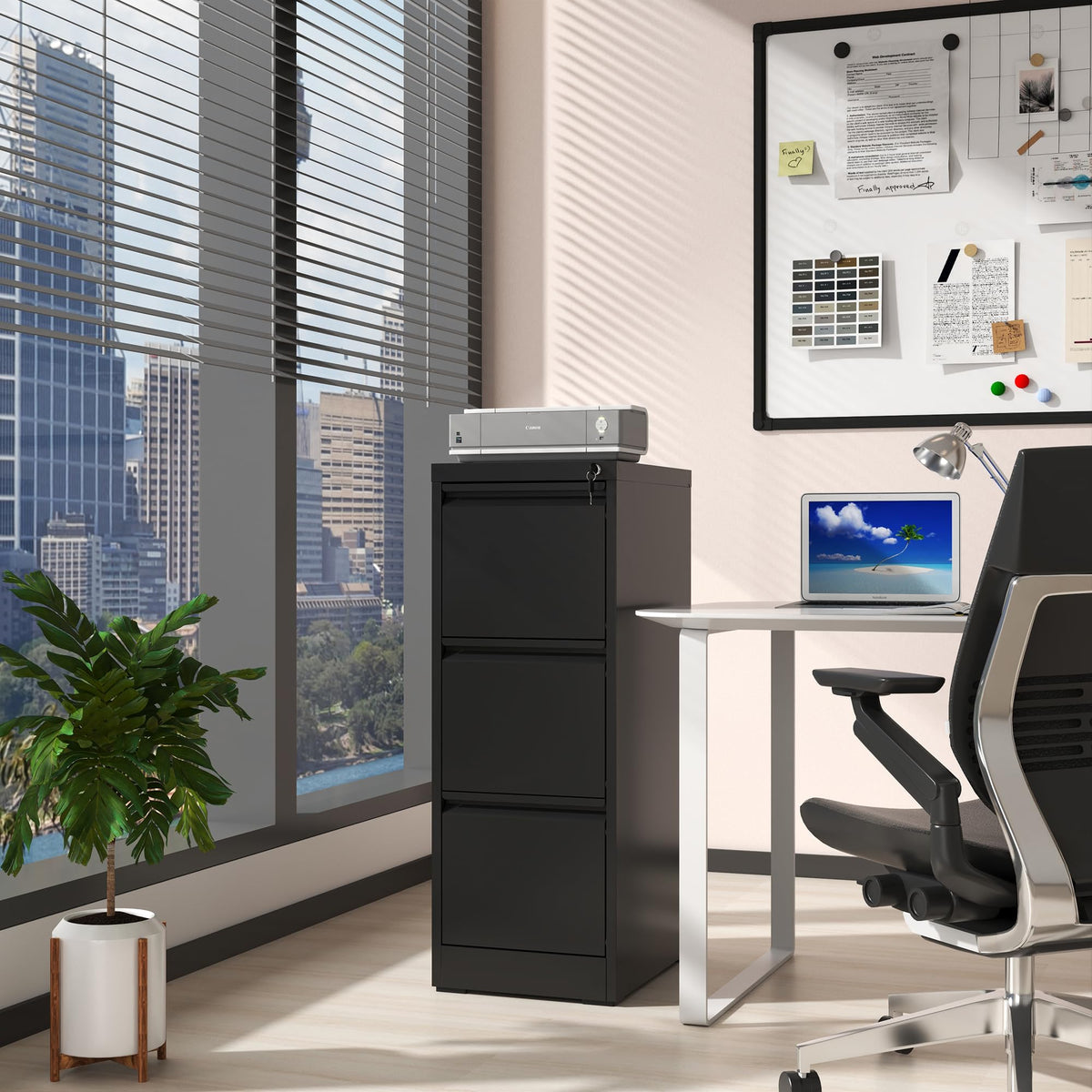 3 Drawer Black Metal File Cabinet with Lock W141