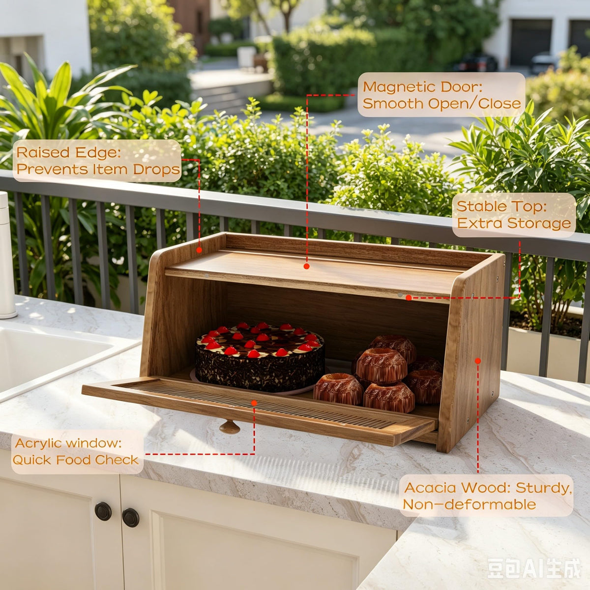 Acacia Wood Bread Box with Acrylic Window B556009