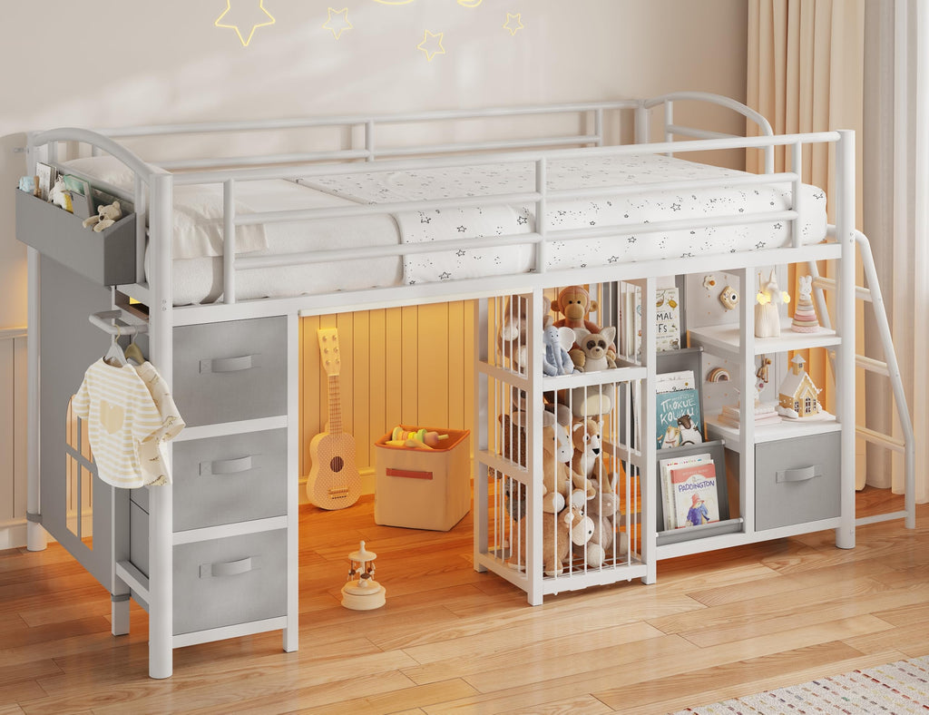 Twin Low Loft Bed with Storage Drawers and LED Lights S625