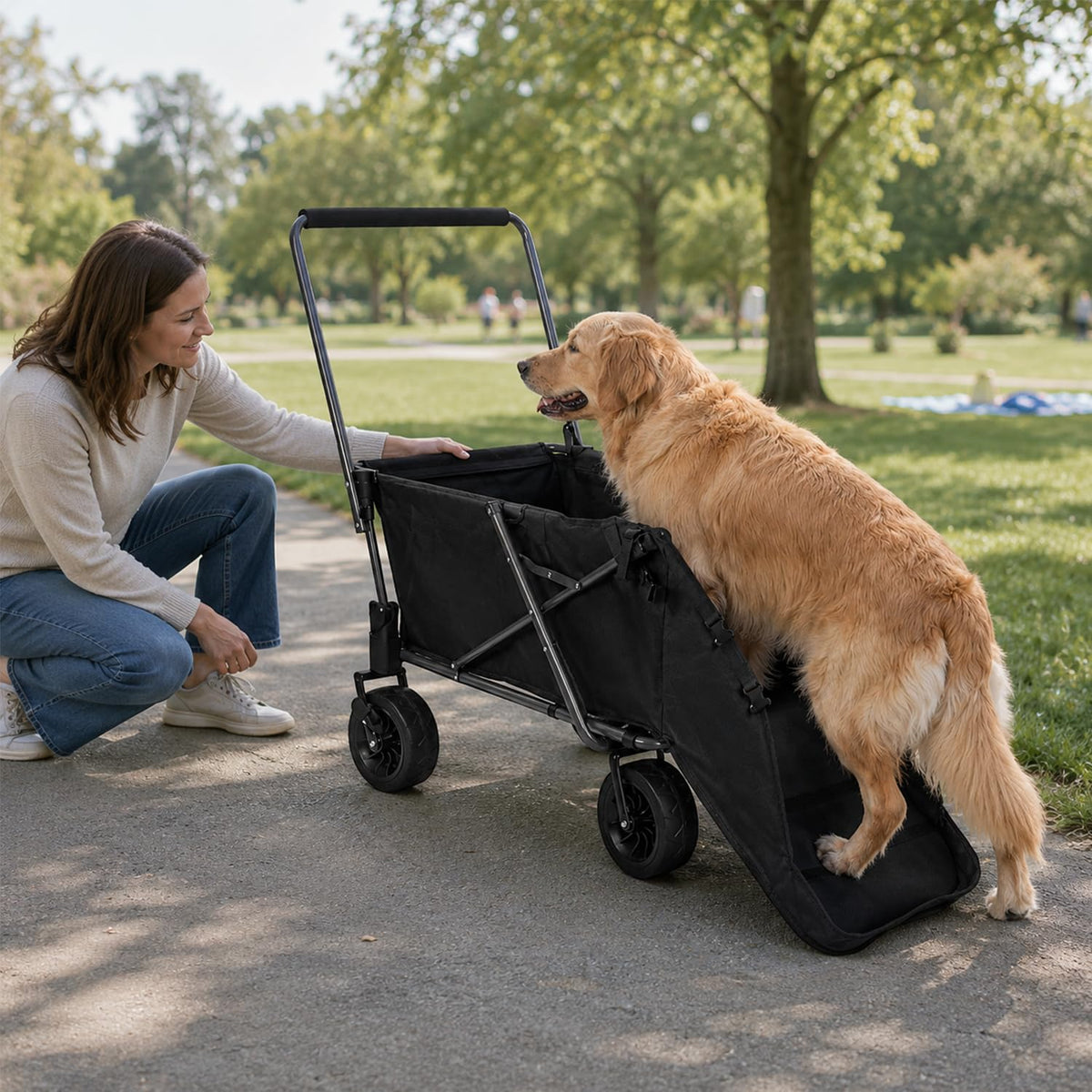 Folding Dog Wagon Cart with Extendable Rear End, 220L Collapsible Utility Cart, Black H1240