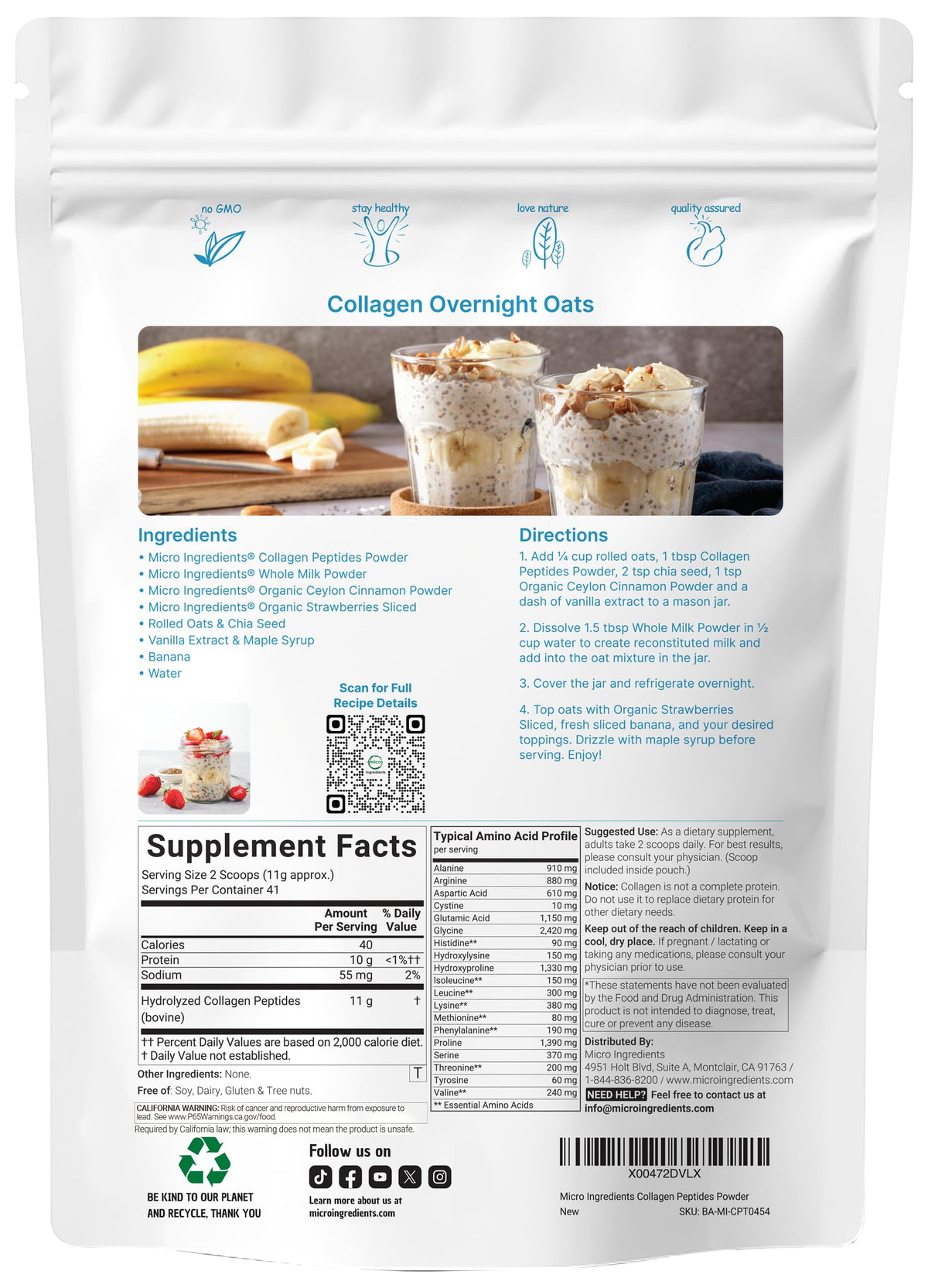 Hydrolyzed Collagen Peptides Powder, 1 lb Unflavored Type I & III V3683