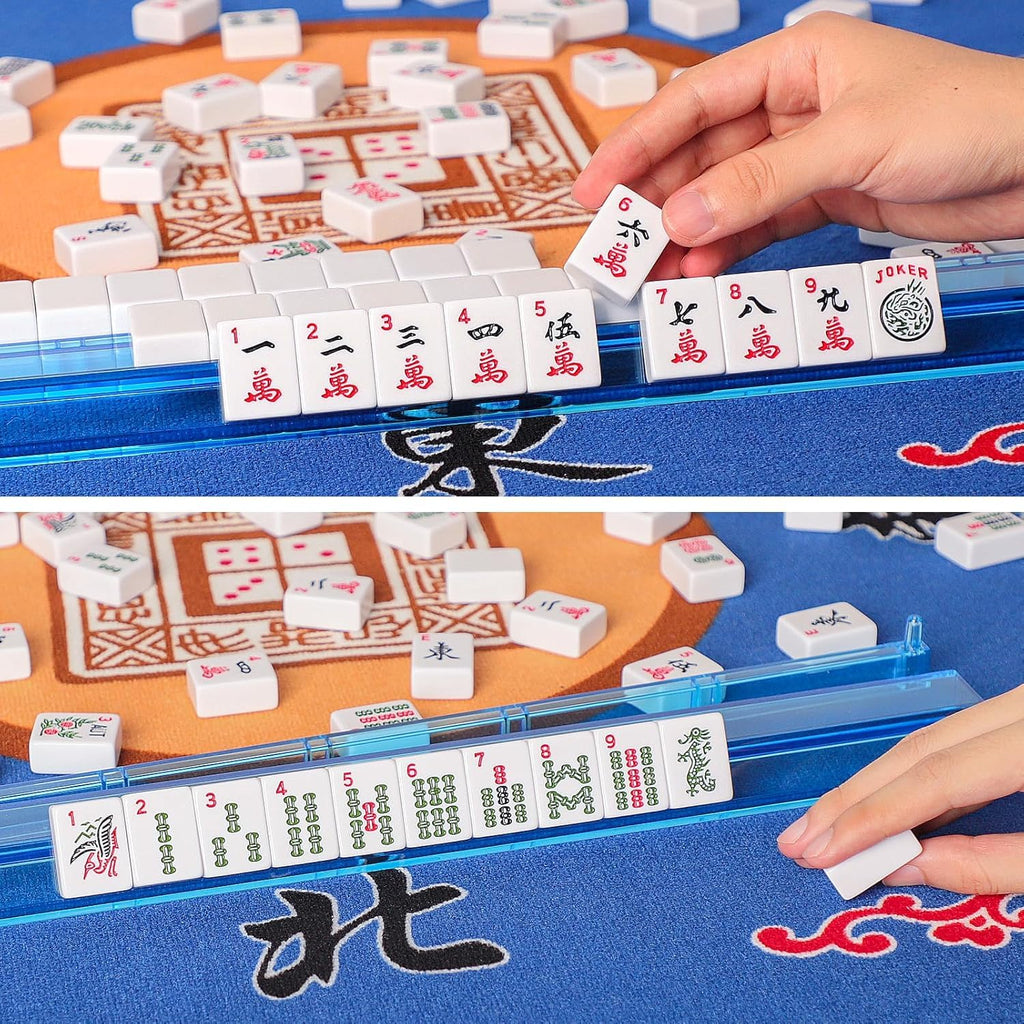 American Mahjong Game Set, 166 White Tiles, 4 Color Rack/Pushers, Blue Carrying Bag I628996