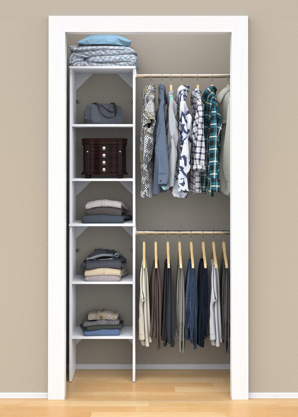 Small Closet Organizer Starter Kit with Tower and 3 Hang Rods, Pure White M3492