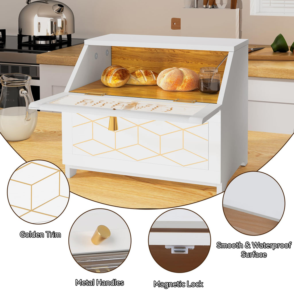 Double Layer Wooden Bread Box with Golden Trim V1353