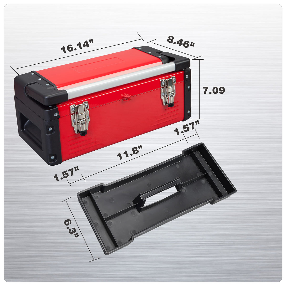 16" Inch Steel Metal Tool Box with Removable Tray V43897