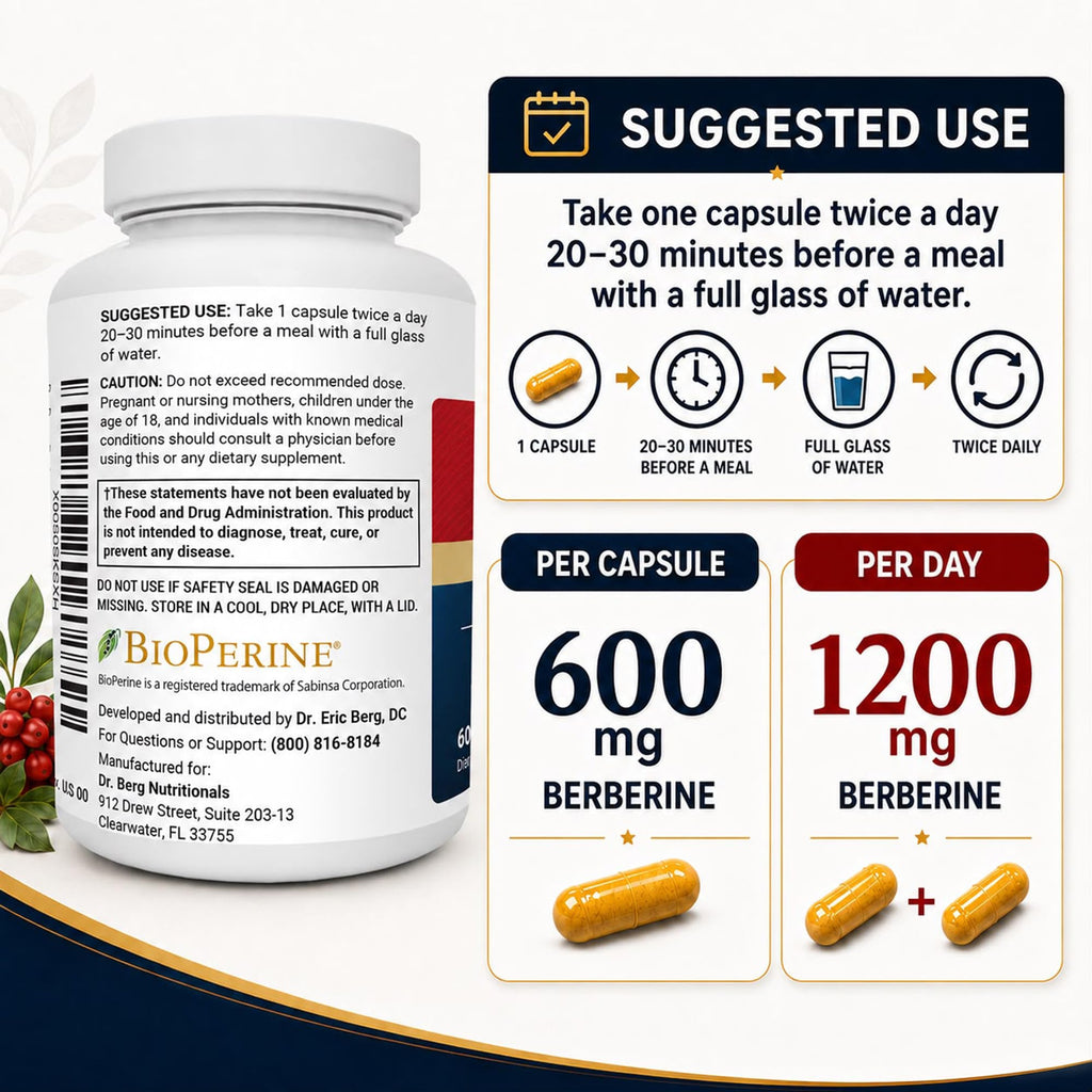1200 mg Berberine with Ceylon Cinnamon, ALA, Magnesium Glycinate & BioPerine, 60 Capsules M7976