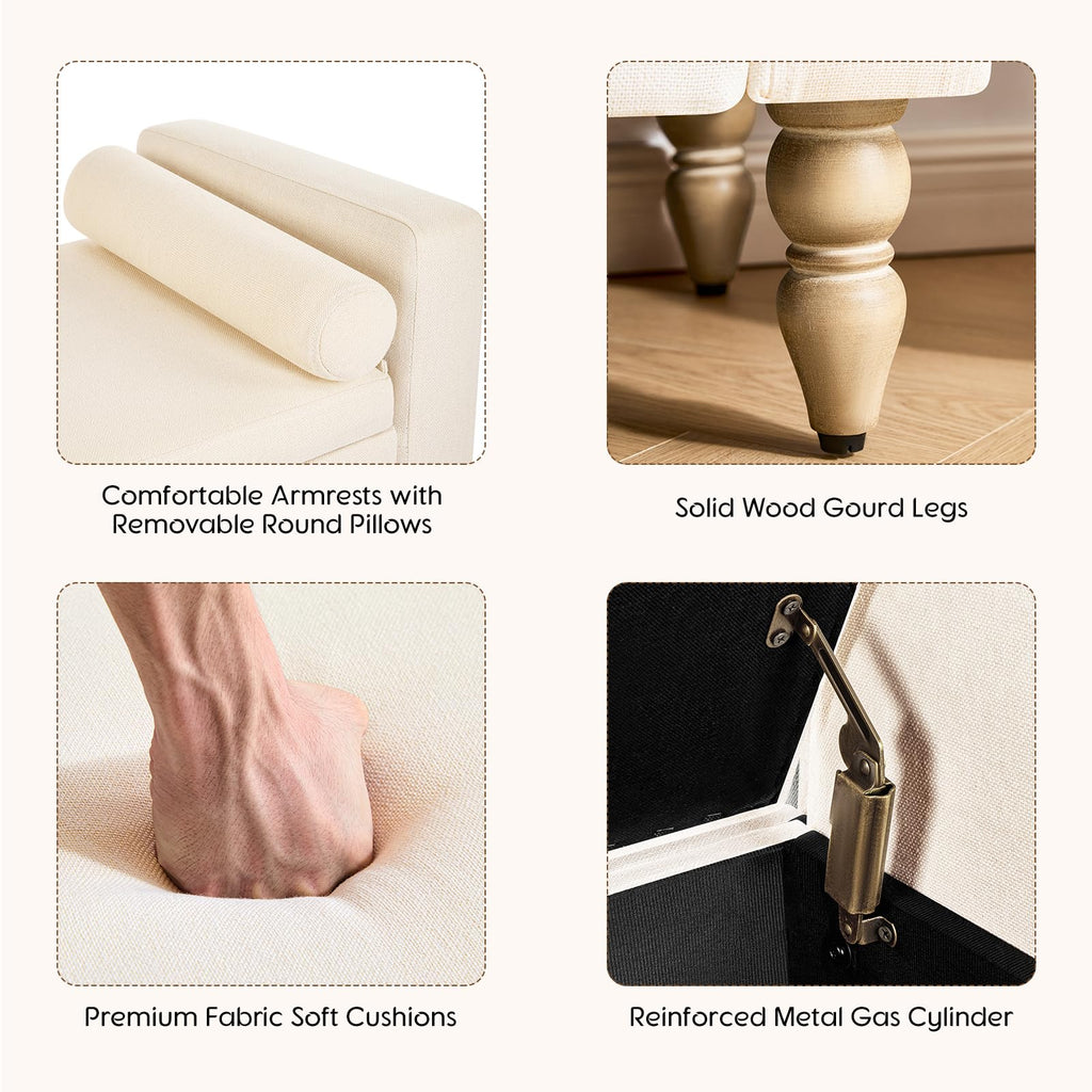 Beige Linen Storage Ottoman Bench W51203