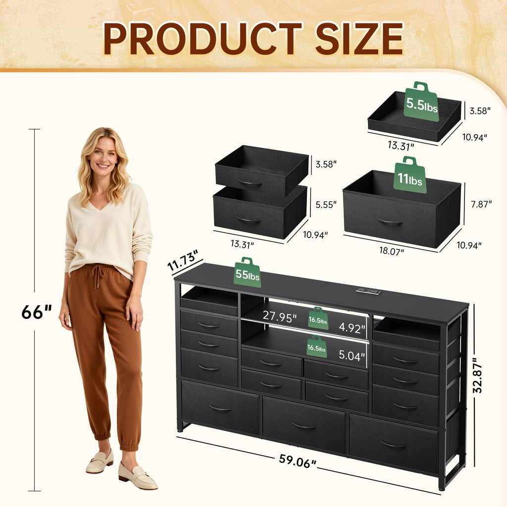 Black TV Stand with LED Lights & Charging Station, 15 Fabric Drawers V17064