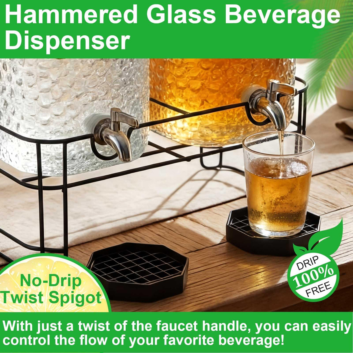 2 Pack 5 Gallon Hammered Glass Drink Dispenser with Stand S110280
