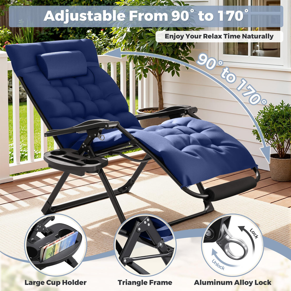 Oversized Blue Zero Gravity Chair with Cushion and Cup Holder T8931