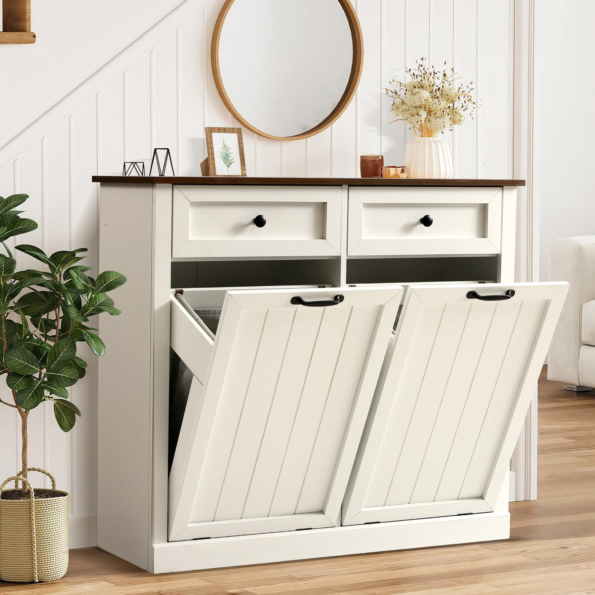 White 22 Gallon Wooden Laundry Hamper Cabinet with 2 Drawers K196245