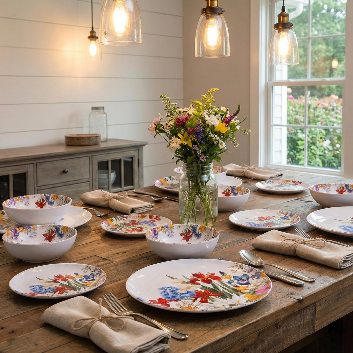 Melamine Dinnerware Set for 4, 12 Piece Plates and Bowls S1780