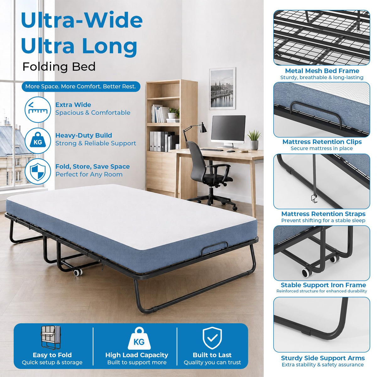 Folding Bed with 5" Foam Mattress Queen Size Metal Frame Z245619