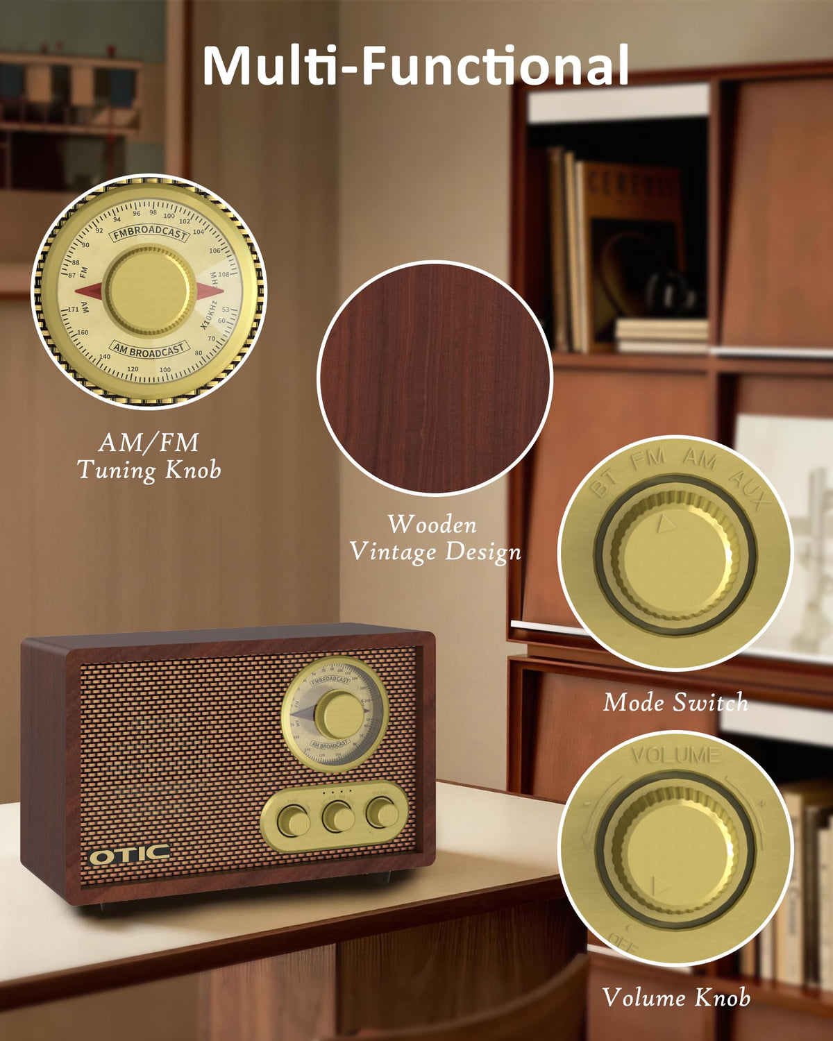 Vintage Wood AM/FM Bluetooth Radio with Speakers Q125