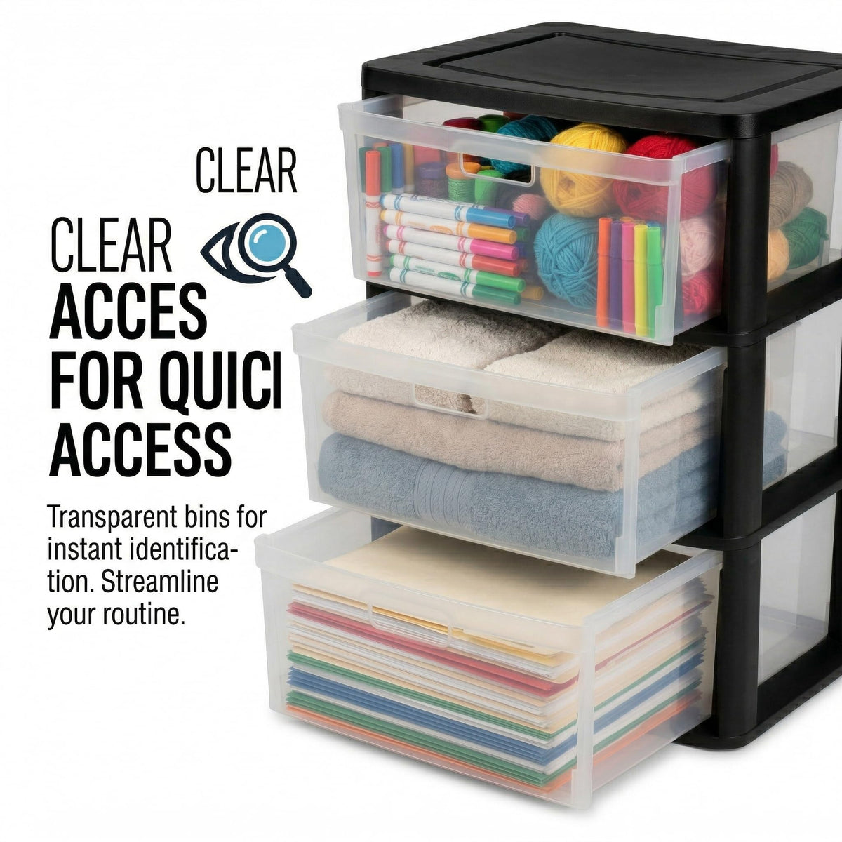 Black 3 Drawer Storage Organizer Tower with Clear Plastic Bins S978