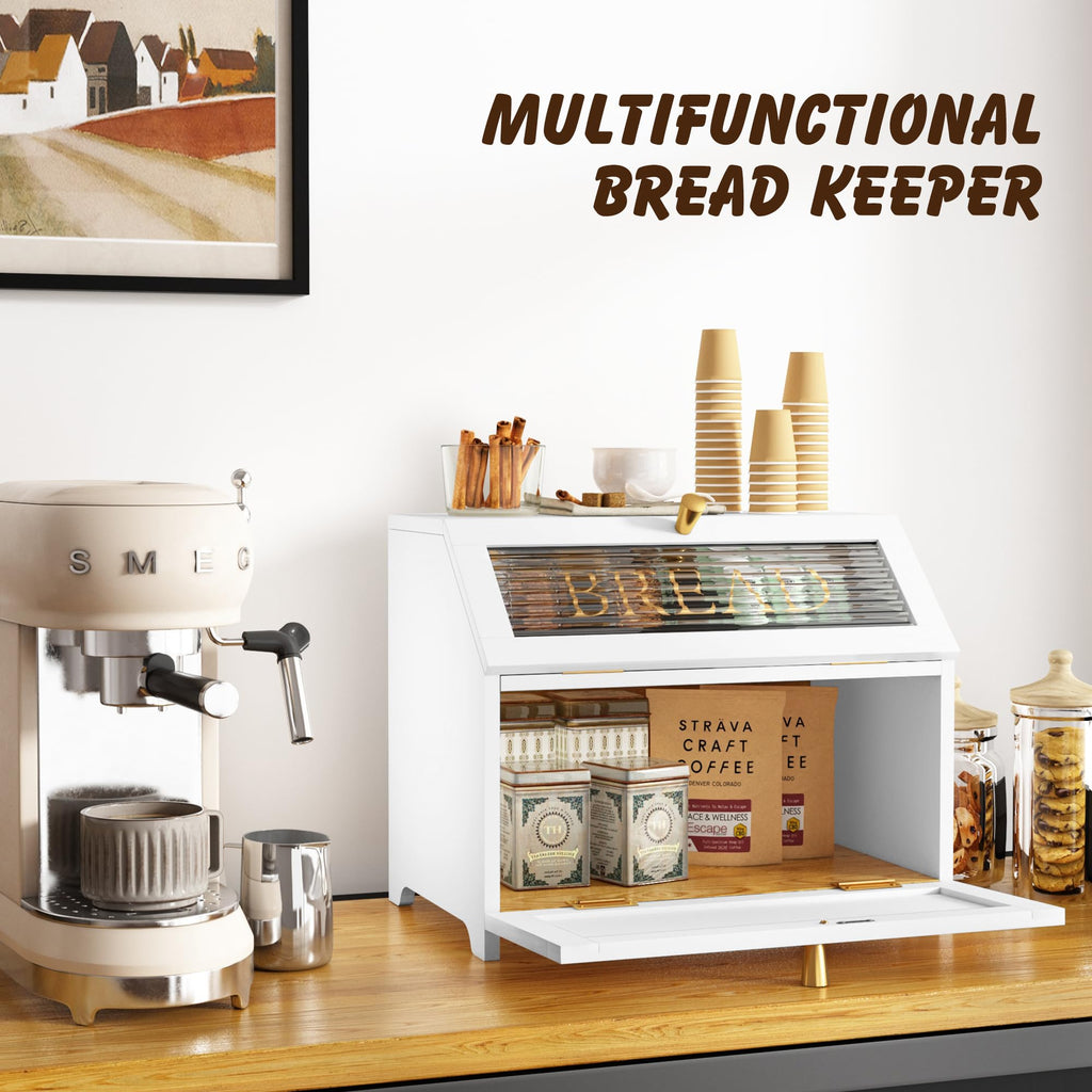 Double Layer Wooden Bread Box with Golden Trim V1353