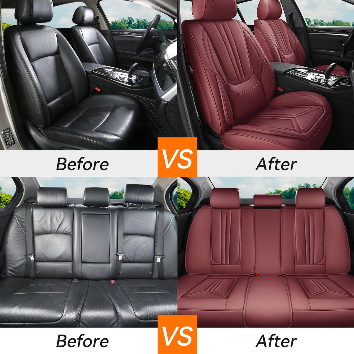 Burgundy Leather Full Set Car Seat Covers C6847