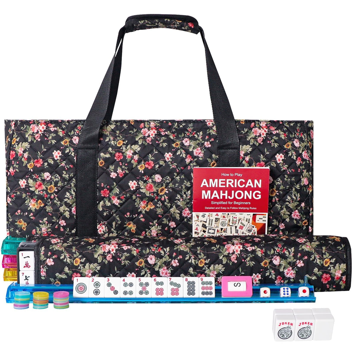 American Mahjong Game Set, 166 White Tiles, 4 Color Rack/Pushers, Black Carrying Bag D530504