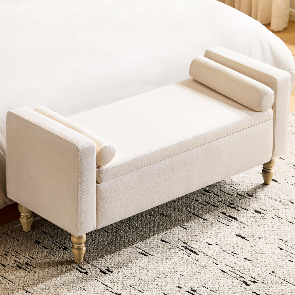 Beige Linen Storage Ottoman Bench W51203