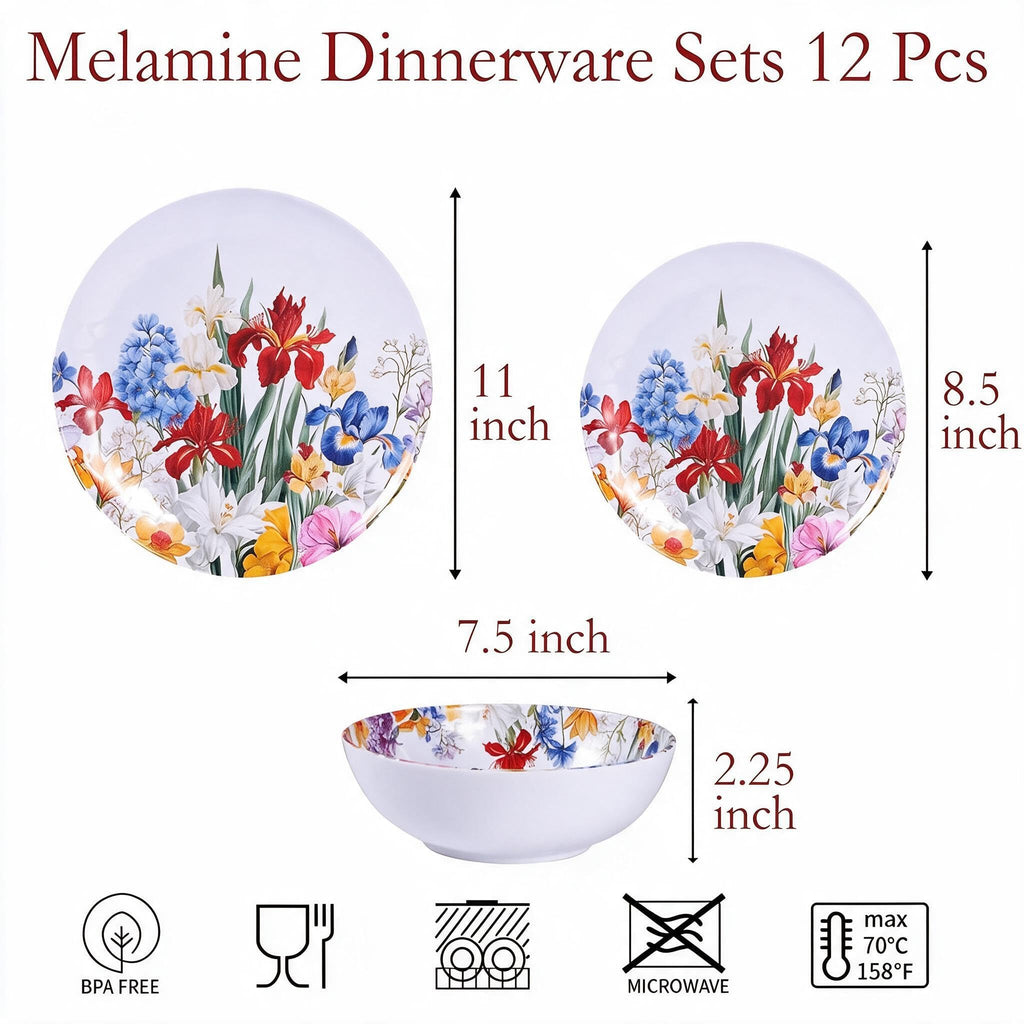 Melamine Dinnerware Set for 4, 12 Piece Plates and Bowls S1780