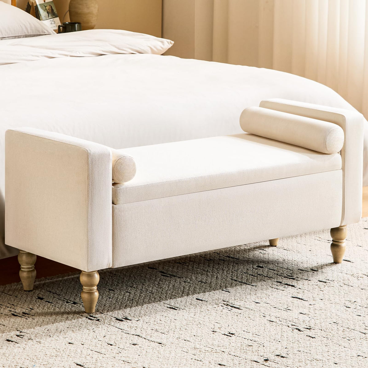 Beige Linen Storage Ottoman Bench W51203