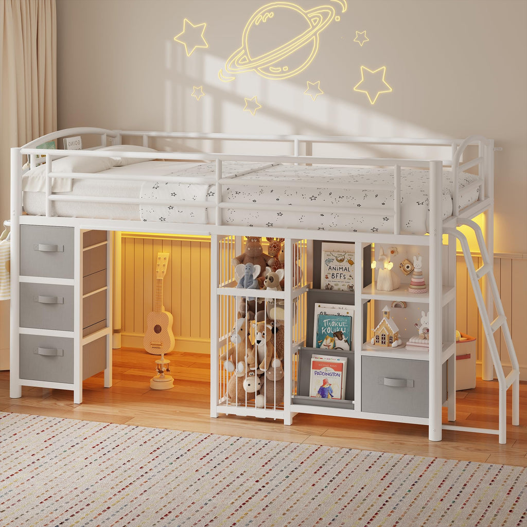 Twin Low Loft Bed with Storage Drawers and LED Lights S625