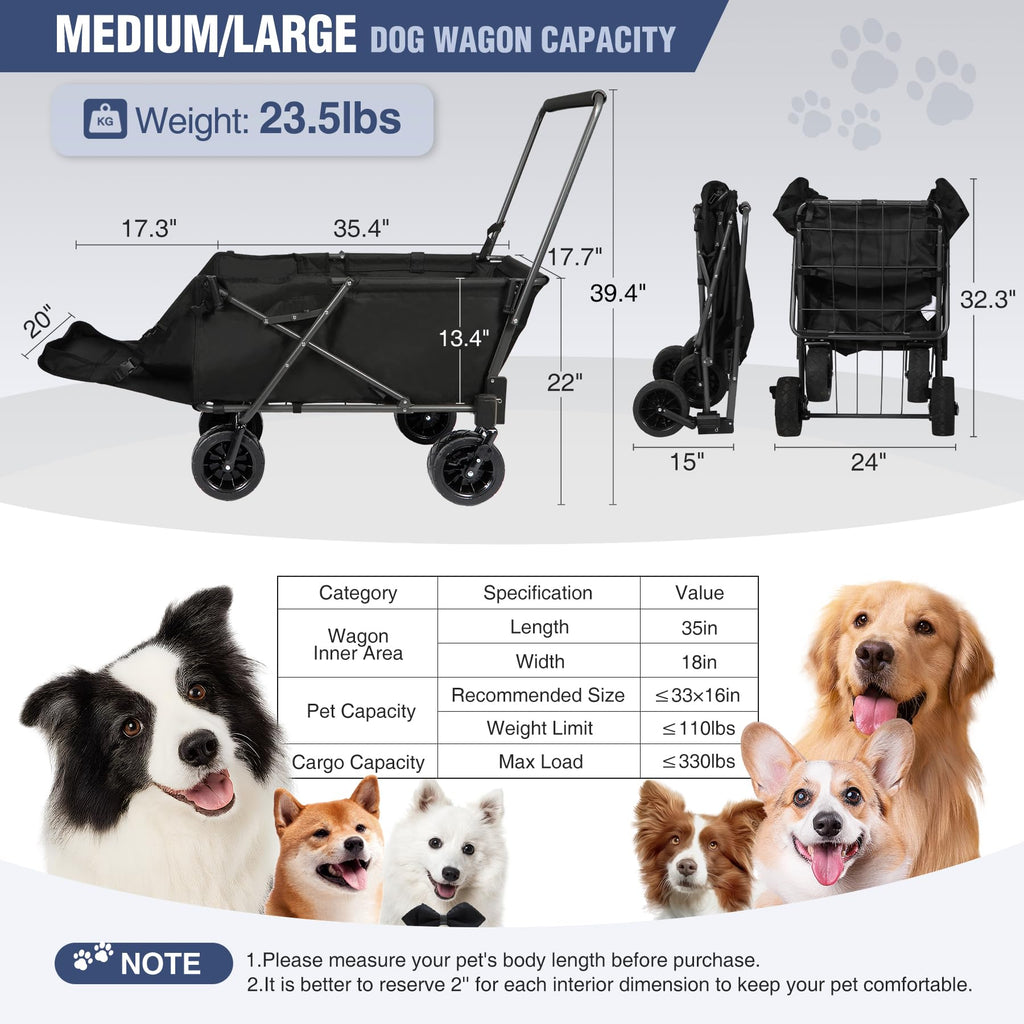 Folding Dog Wagon Cart with Extendable Rear End, 220L Collapsible Utility Cart, Black H1240