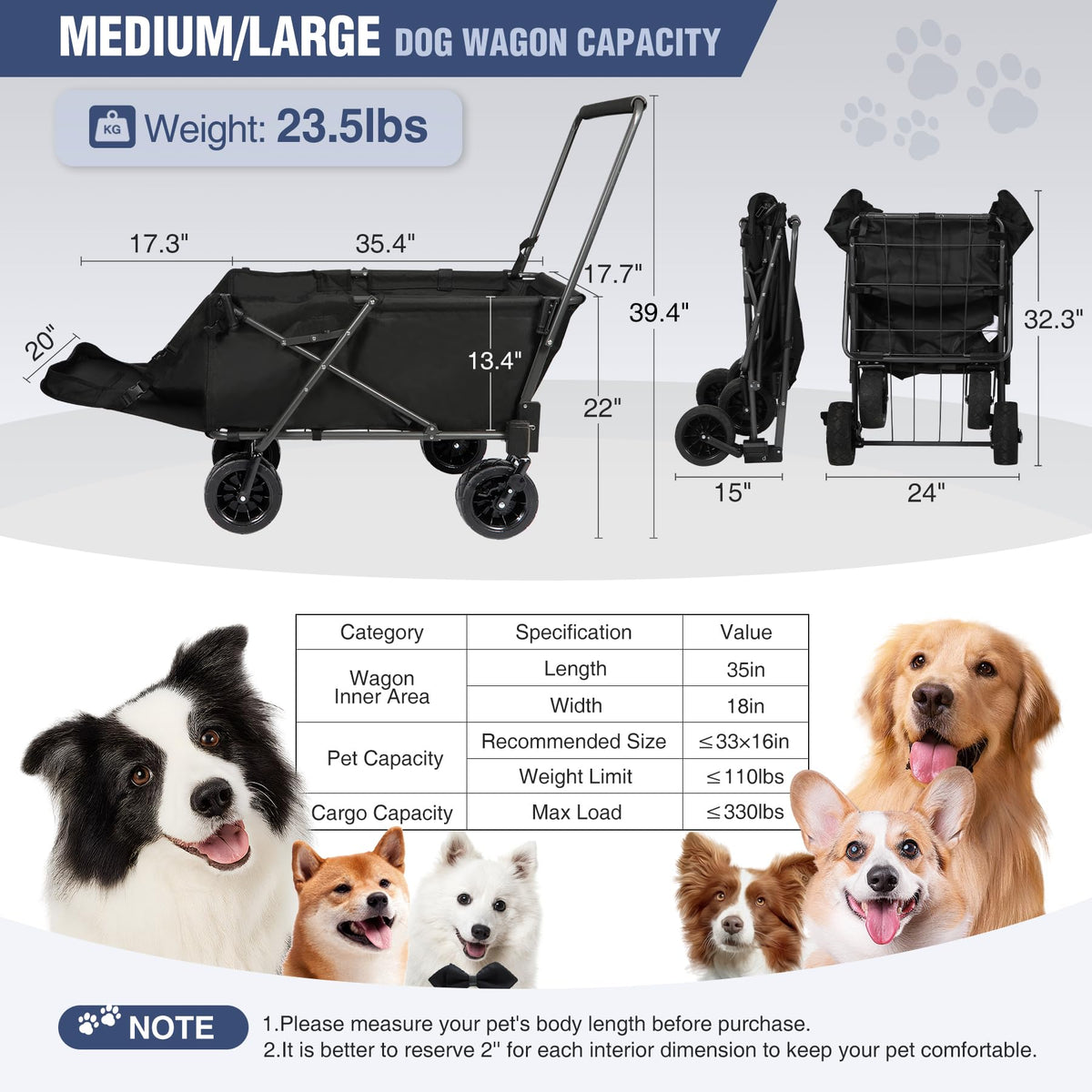 Folding Dog Wagon Cart with Extendable Rear End, 220L Collapsible Utility Cart, Black H1240