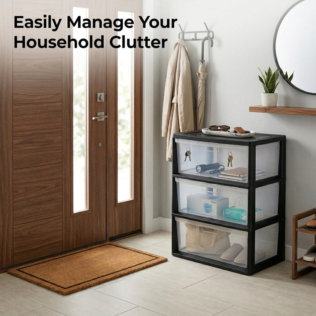 Black 3 Drawer Storage Organizer Tower with Clear Plastic Bins S978
