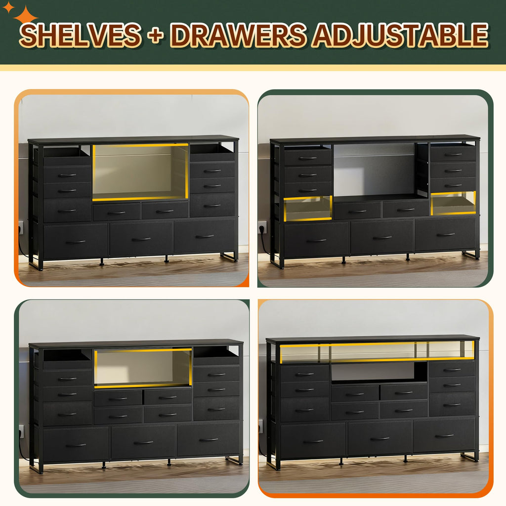 Black TV Stand with LED Lights & Charging Station, 15 Fabric Drawers V17064