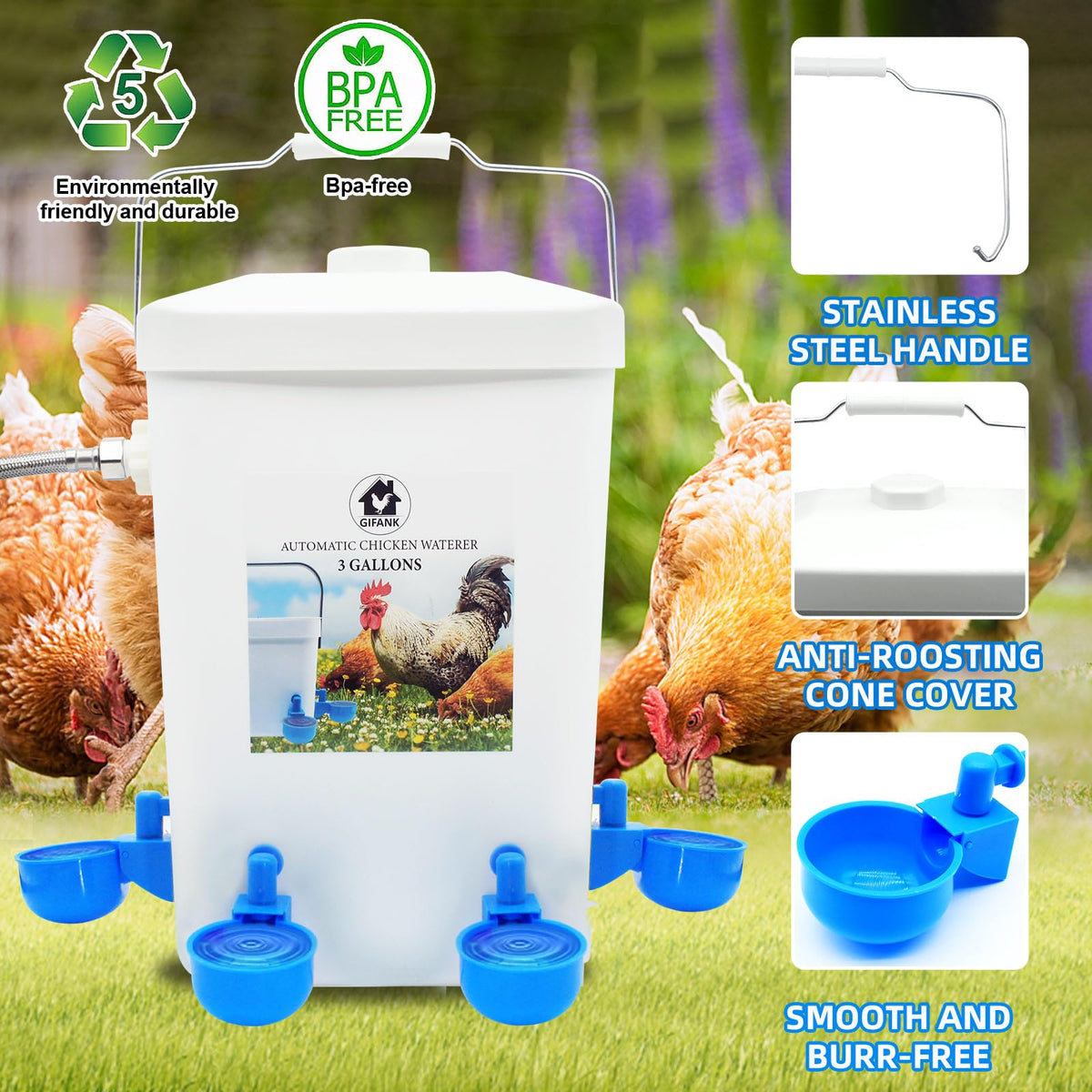 3 Gallons Automatic Poultry Waterer with Hose Attachment D586