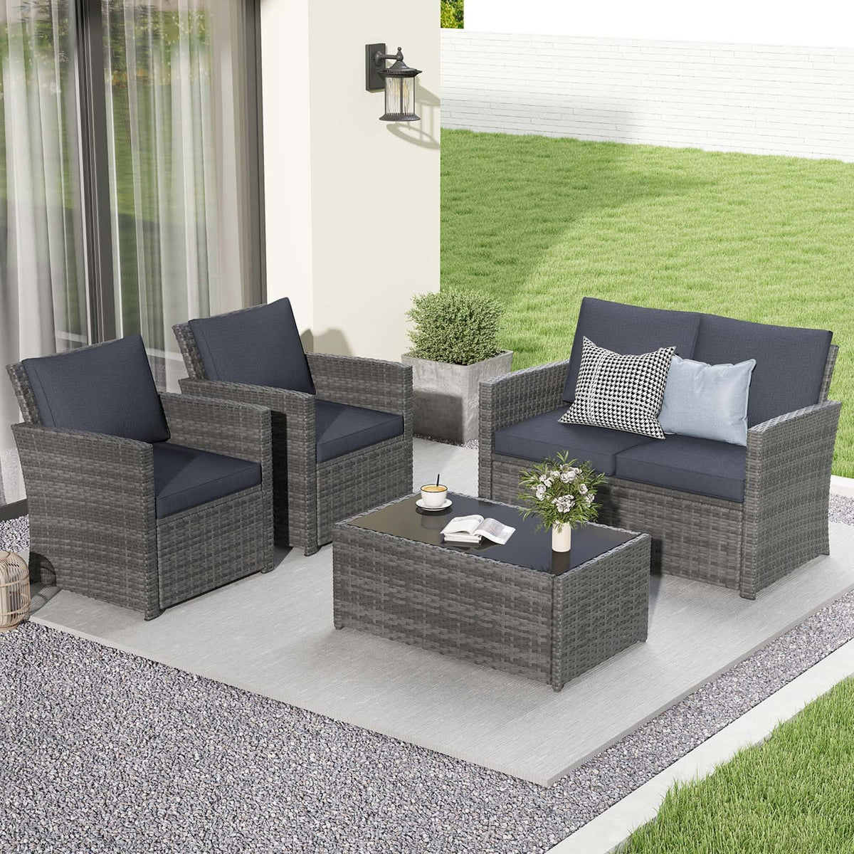 4 Piece Dark Gray Wicker Patio Furniture Set A720