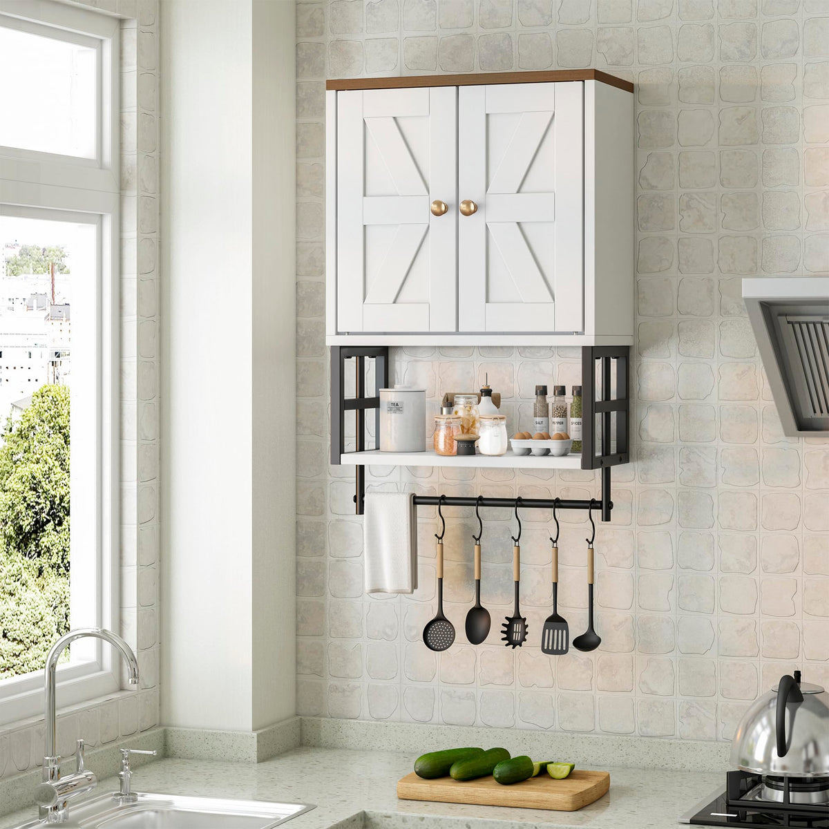 White Bathroom Wall Cabinet with Towel Bar G1033