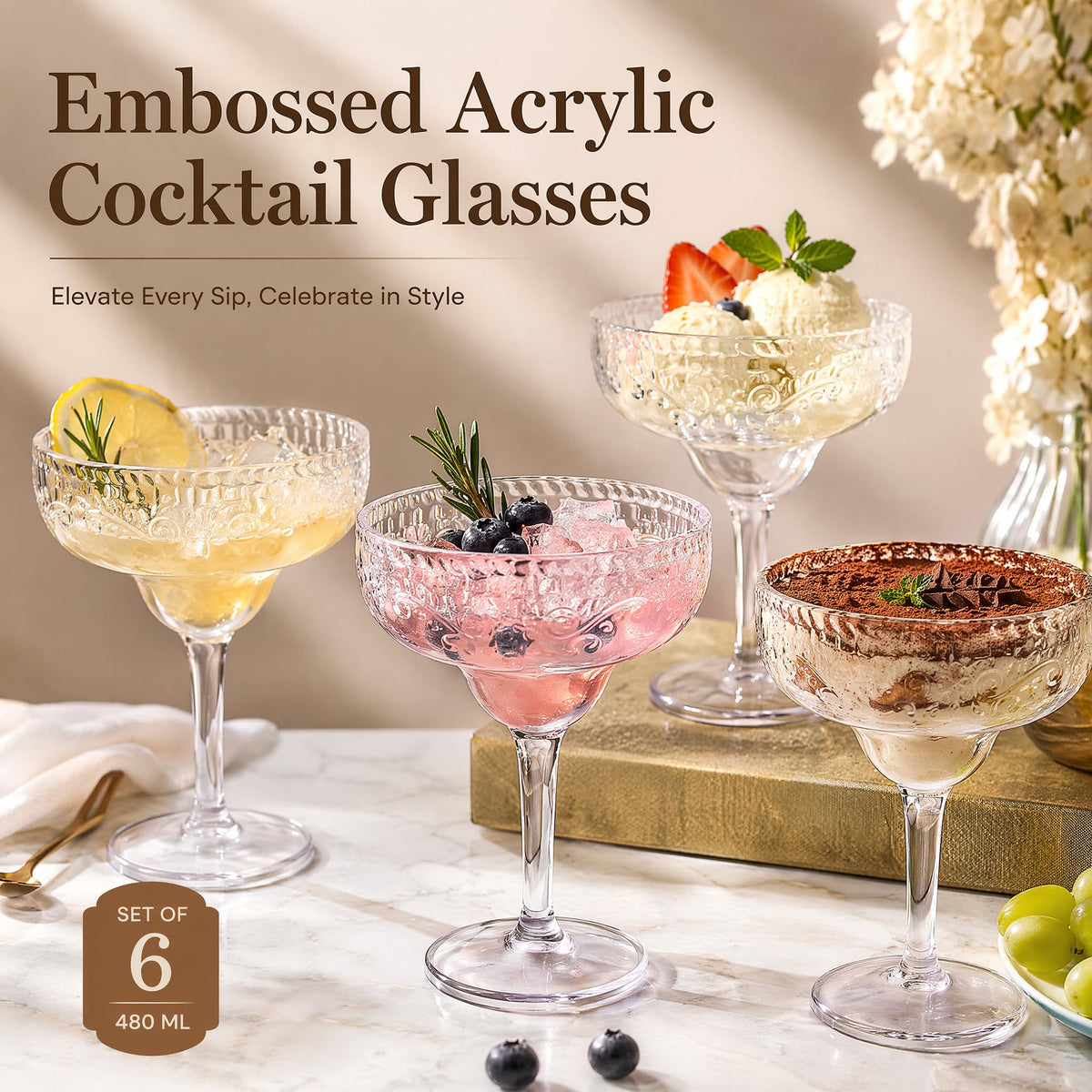 6 Pack 16oz Clear Acrylic Margarita Glasses K398