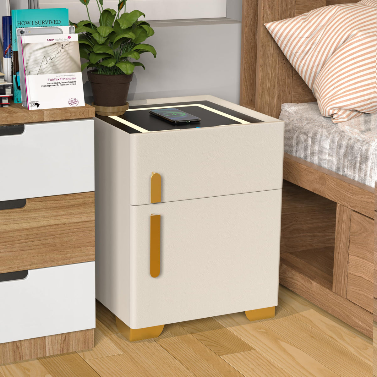 Wireless Charging Nightstand with Drawer and 3 LED Light Z1131