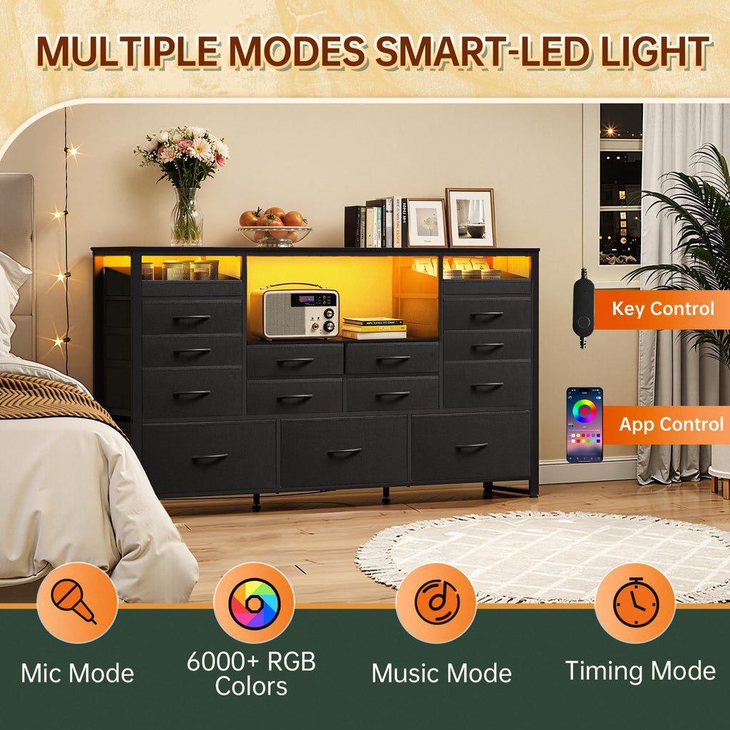 Black TV Stand with LED Lights & Charging Station, 15 Fabric Drawers V17064