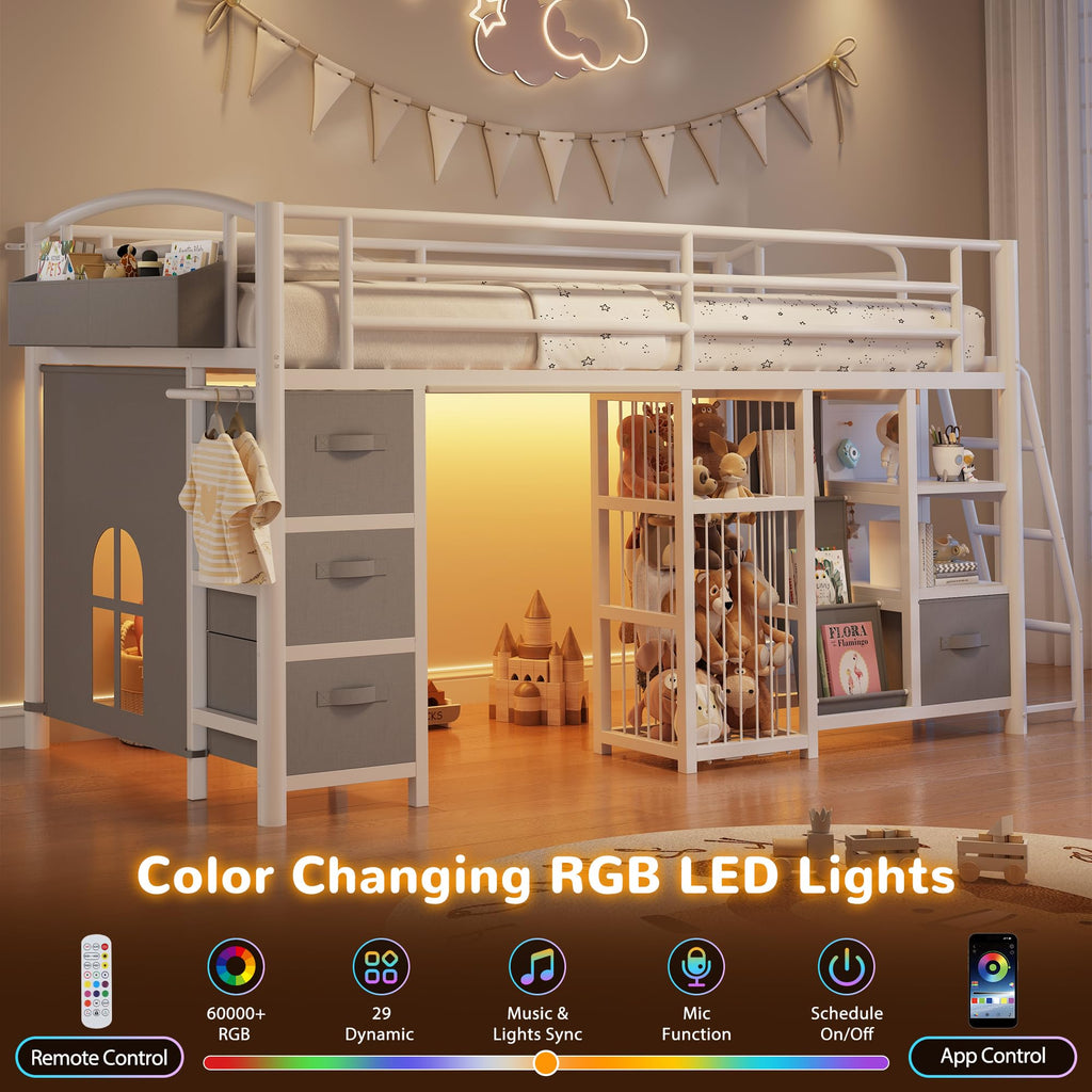 Twin Low Loft Bed with Storage Drawers and LED Lights S625