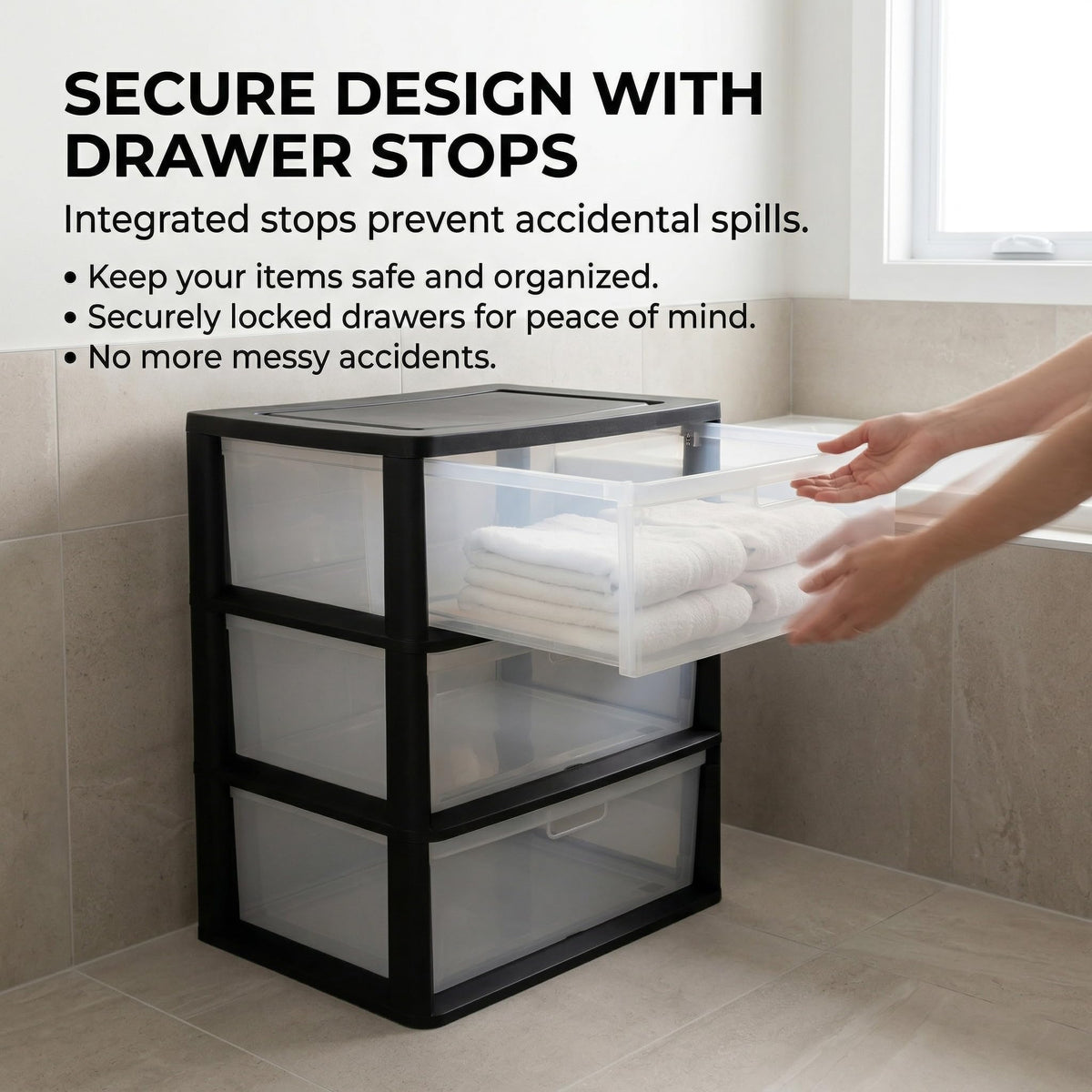 Black 3 Drawer Storage Organizer Tower with Clear Plastic Bins S978