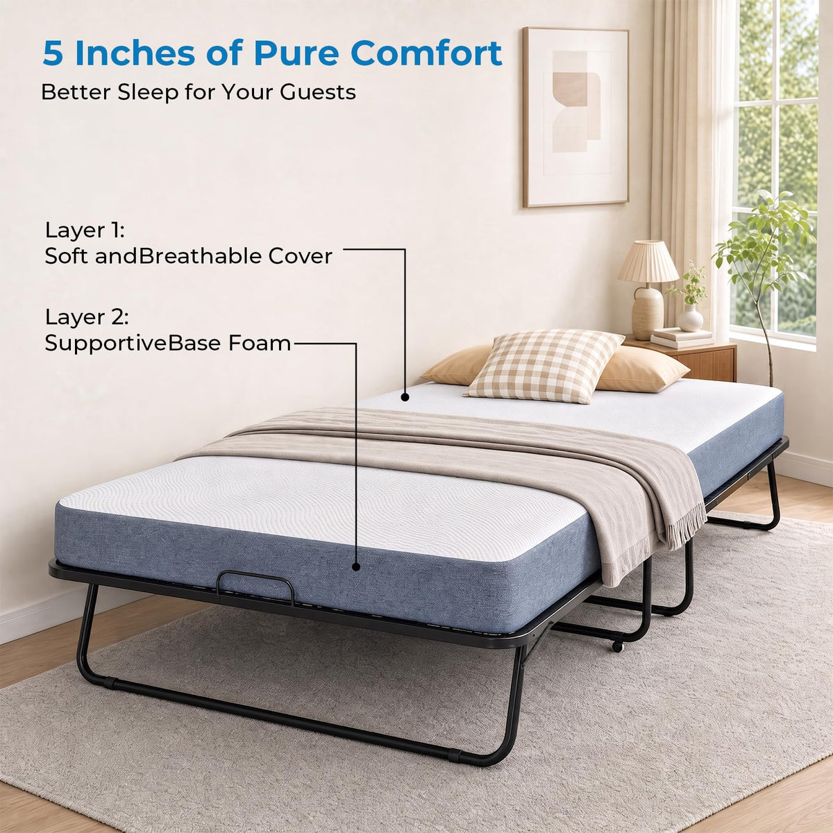 Folding Bed with 5" Foam Mattress Queen Size Metal Frame Z245619