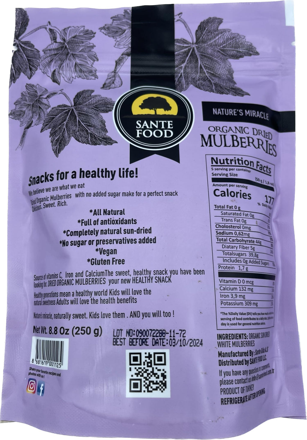 USDA Organic Sun Dried White Mulberries 8.8 Oz E67149