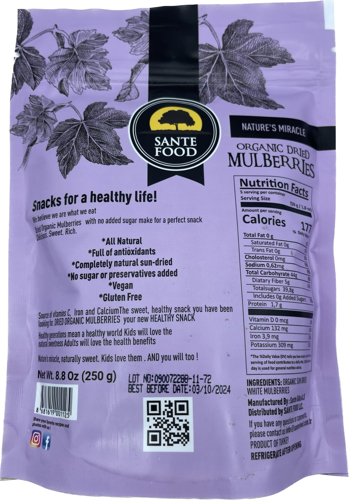 USDA Organic Sun Dried White Mulberries 8.8 Oz E67149