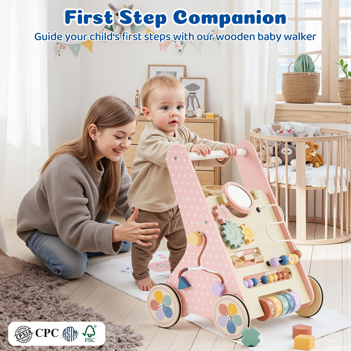 Pink Wooden Baby Walker X436461