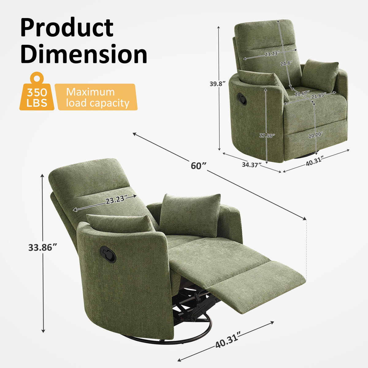 Oversized 360° Swivel Glider Recliner Chair with 2 Pillows and Footrest L32995