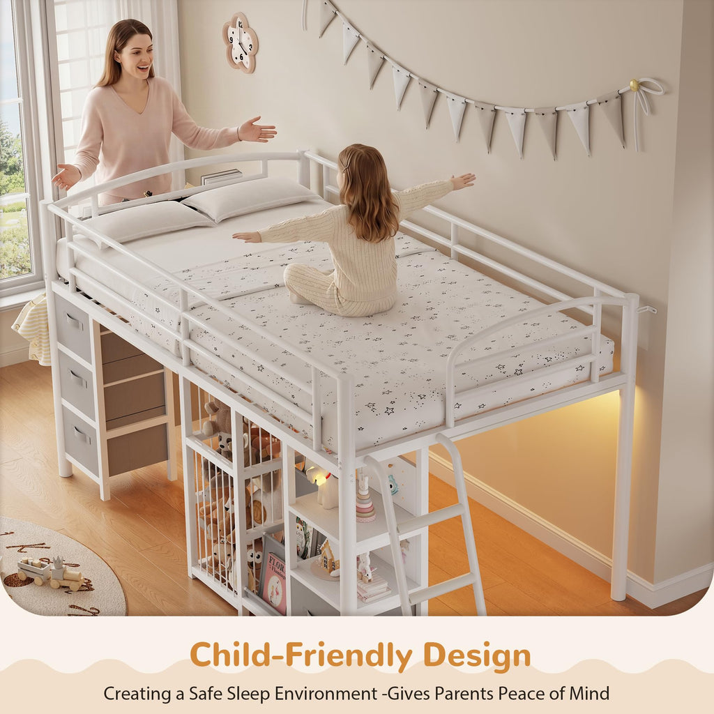 Twin Low Loft Bed with Storage Drawers and LED Lights S625