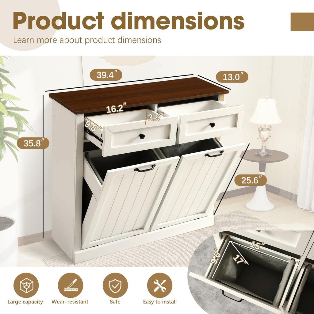 White 22 Gallon Wooden Laundry Hamper Cabinet with 2 Drawers K196245