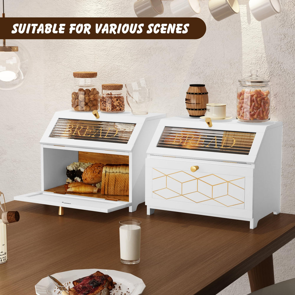Double Layer Wooden Bread Box with Golden Trim V1353
