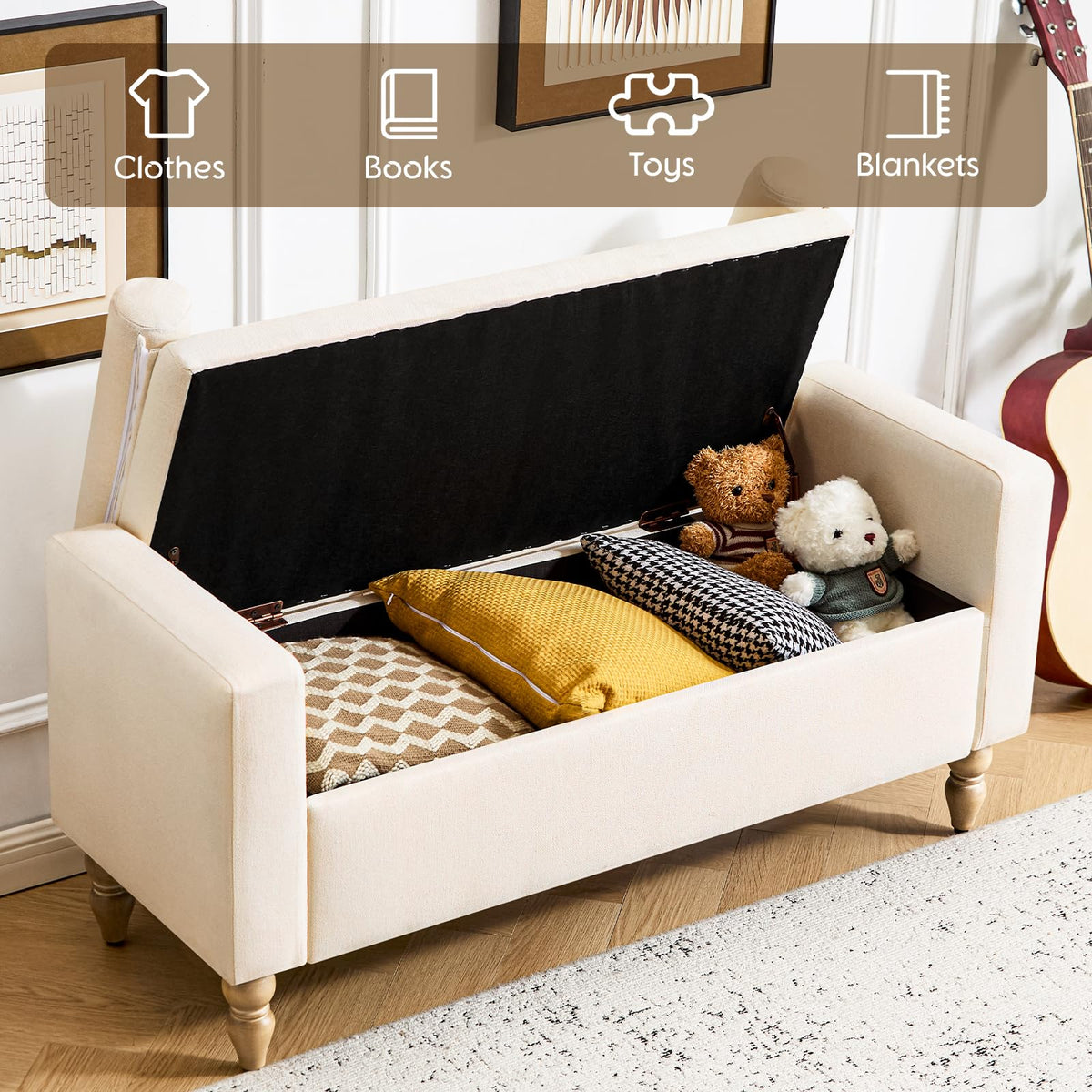 Beige Linen Storage Ottoman Bench W51203