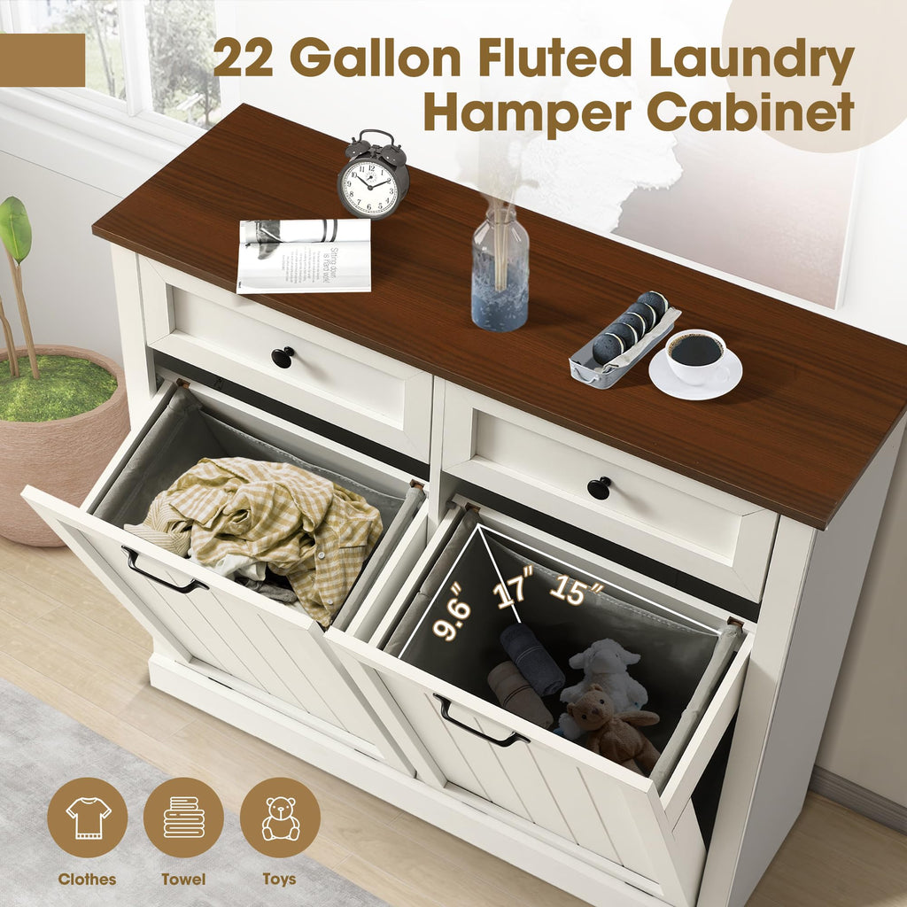 White 22 Gallon Wooden Laundry Hamper Cabinet with 2 Drawers K196245