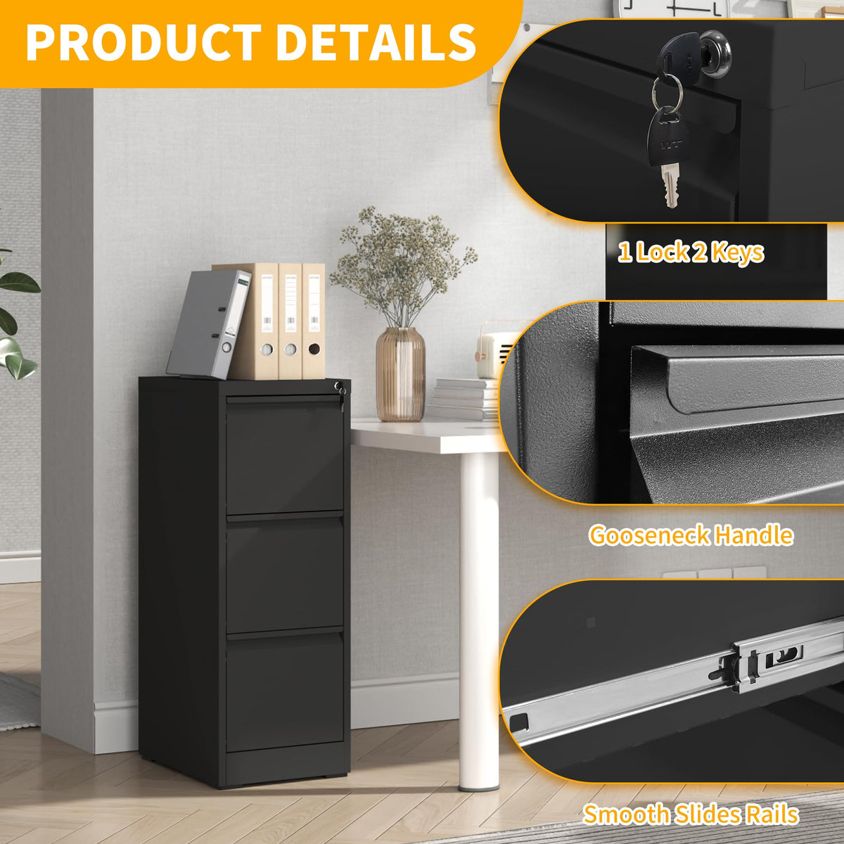 3 Drawer Black Metal File Cabinet with Lock W141