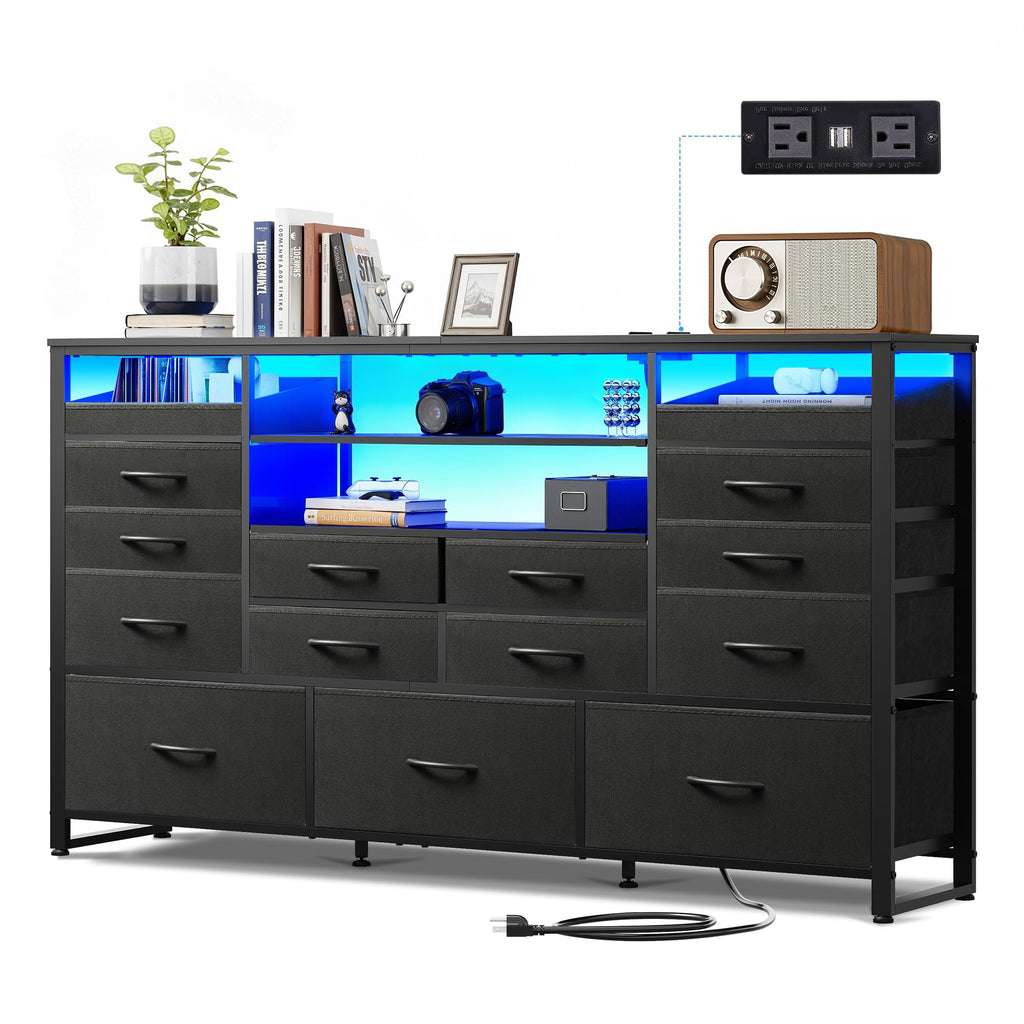 Black TV Stand with LED Lights & Charging Station, 15 Fabric Drawers V17064
